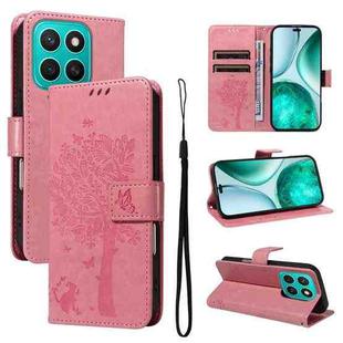 For Honor X8C 4G Global Tree & Cat Embossed Pattern Flip Leather Phone Case(Pink)
