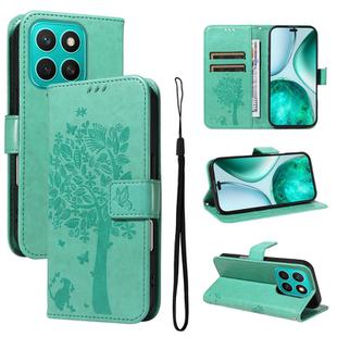 For Honor X8C 4G Global Tree & Cat Embossed Pattern Flip Leather Phone Case(Green)