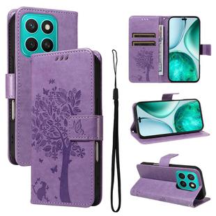 For Honor X8C 4G Global Tree & Cat Embossed Pattern Flip Leather Phone Case(Light Purple)
