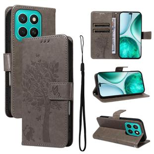 For Honor X8C 4G Global Tree & Cat Embossed Pattern Flip Leather Phone Case(Grey)