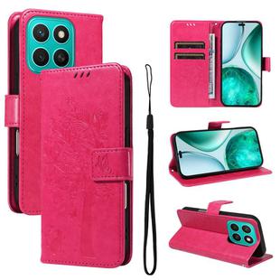 For Honor X8C 4G Global Tree & Cat Embossed Pattern Flip Leather Phone Case(Rose Red)