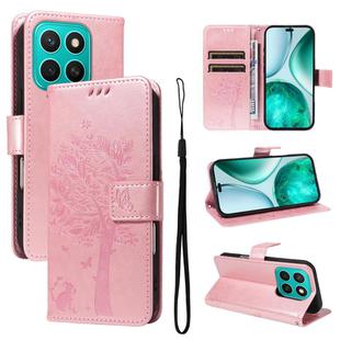 For Honor X8C 4G Global Tree & Cat Embossed Pattern Flip Leather Phone Case(Rose Gold)