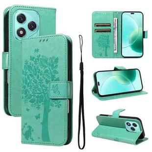 For Honor 400 Lite Tree & Cat Embossed Pattern Flip Leather Phone Case(Green)