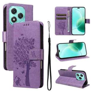 For Honor 400 Lite Tree & Cat Embossed Pattern Flip Leather Phone Case(Light Purple)