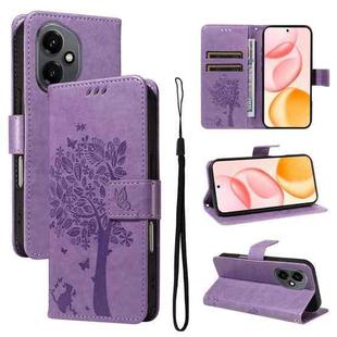 For Honor 400 Global 156.5mm Tree & Cat Embossed Pattern Flip Leather Phone Case(Light Purple)