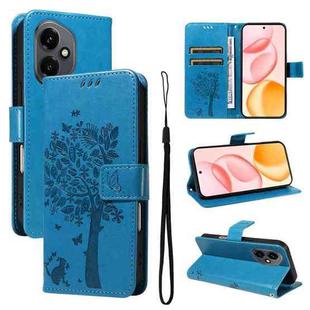 For Honor 400 Global 156.5mm Tree & Cat Embossed Pattern Flip Leather Phone Case(Blue)