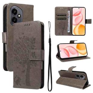 For Honor 400 Global 156.5mm Tree & Cat Embossed Pattern Flip Leather Phone Case(Grey)