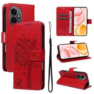 For Honor 400 Global 156.5mm Tree & Cat Embossed Pattern Flip Leather Phone Case(Red)