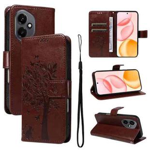 For Honor 400 Global 156.5mm Tree & Cat Embossed Pattern Flip Leather Phone Case(Coffee)
