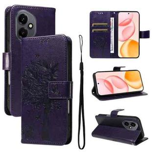 For Honor 400 Global 156.5mm Tree & Cat Embossed Pattern Flip Leather Phone Case(Purple)