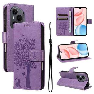 For Honor 400 Pro Global 160.8mm Tree & Cat Embossed Pattern Flip Leather Phone Case(Light Purple)