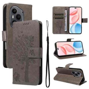 For Honor 400 Pro Global 160.8mm Tree & Cat Embossed Pattern Flip Leather Phone Case(Grey)