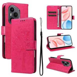 For Honor 400 Pro Global 160.8mm Tree & Cat Embossed Pattern Flip Leather Phone Case(Rose Red)