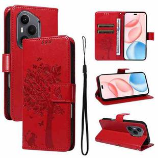 For Honor 400 Pro Global 160.8mm Tree & Cat Embossed Pattern Flip Leather Phone Case(Red)