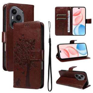 For Honor 400 Pro Global 160.8mm Tree & Cat Embossed Pattern Flip Leather Phone Case(Coffee)