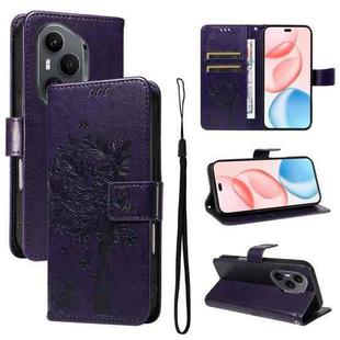 For Honor 400 Pro Global 160.8mm Tree & Cat Embossed Pattern Flip Leather Phone Case(Purple)