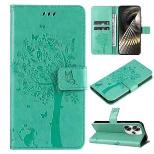 For Xiaomi Poco F6 Tree & Cat Embossed Pattern Flip Leather Phone Case(Green)