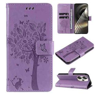 For Xiaomi Poco F6 Tree & Cat Embossed Pattern Flip Leather Phone Case(Light Purple)