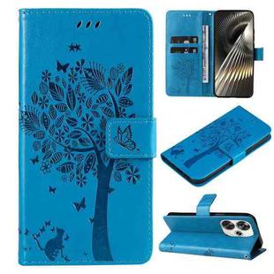 For Xiaomi Poco F6 Tree & Cat Embossed Pattern Flip Leather Phone Case(Blue)