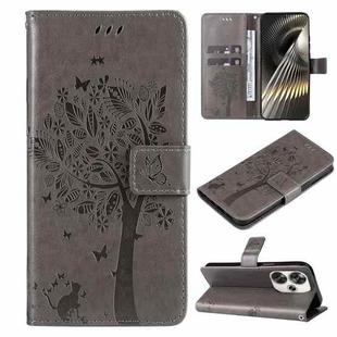 For Xiaomi Poco F6 Tree & Cat Embossed Pattern Flip Leather Phone Case(Grey)