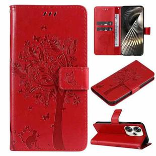 For Xiaomi Poco F6 Tree & Cat Embossed Pattern Flip Leather Phone Case(Red)