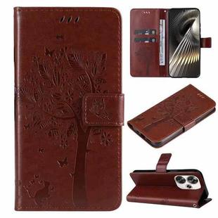 For Xiaomi Poco F6 Tree & Cat Embossed Pattern Flip Leather Phone Case(Coffee)