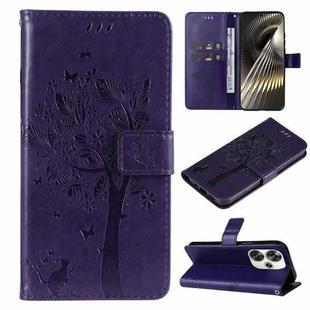 For Xiaomi Poco F6 Tree & Cat Embossed Pattern Flip Leather Phone Case(Purple)