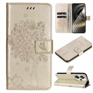 For Xiaomi Poco F6 Tree & Cat Embossed Pattern Flip Leather Phone Case(Gold)