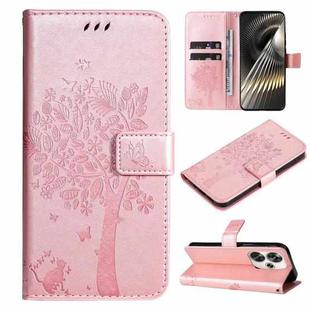 For Xiaomi Poco F6 Tree & Cat Embossed Pattern Flip Leather Phone Case(Rose Gold)