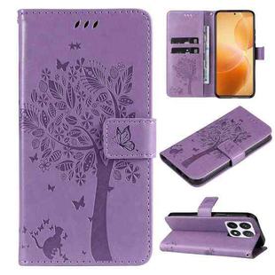 For Xiaomi 14T Pro Tree & Cat Embossed Pattern Flip Leather Phone Case(Light Purple)