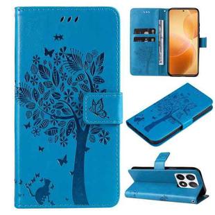 For Xiaomi 14T Pro Tree & Cat Embossed Pattern Flip Leather Phone Case(Blue)