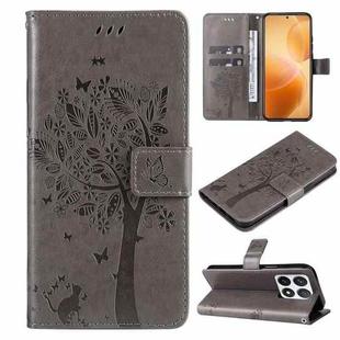 For Xiaomi 14T Pro Tree & Cat Embossed Pattern Flip Leather Phone Case(Grey)