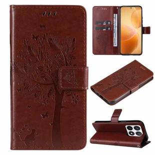 For Xiaomi 14T Pro Tree & Cat Embossed Pattern Flip Leather Phone Case(Coffee)