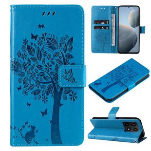 For Xiaomi 14T Tree & Cat Embossed Pattern Flip Leather Phone Case(Blue)