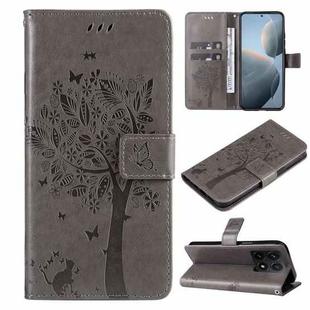 For Xiaomi 14T Tree & Cat Embossed Pattern Flip Leather Phone Case(Grey)