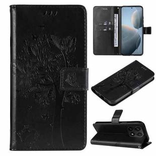 For Xiaomi 14T Tree & Cat Embossed Pattern Flip Leather Phone Case(Black)