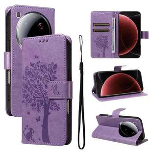 For Xiaomi 15 Ultra 5G Global Tree & Cat Embossed Pattern Flip Leather Phone Case(Purple)