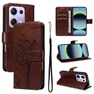 For Xiaomi Poco M6 Pro 4G Global Tree & Cat Embossed Pattern Flip Leather Phone Case(Coffee)