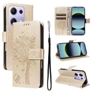 For Xiaomi Poco M6 Pro 4G Global Tree & Cat Embossed Pattern Flip Leather Phone Case(Gold)