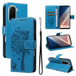 For Xiaomi Poco M7 4G 169mm Tree & Cat Embossed Pattern Flip Leather Phone Case(Blue)