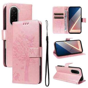 For Xiaomi Poco M7 4G 169mm Tree & Cat Embossed Pattern Flip Leather Phone Case(Rose Gold)