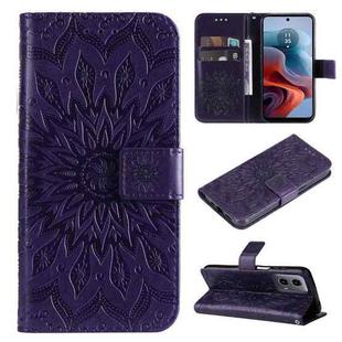 For Motorola Moto G34 Embossed Sunflower Pattern Flip Leather Phone Case(Purple)