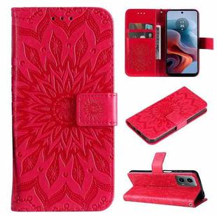 For Motorola Moto G34 Embossed Sunflower Pattern Flip Leather Phone Case(Red)