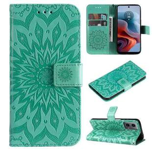 For Motorola Moto G34 Embossed Sunflower Pattern Flip Leather Phone Case(Green)