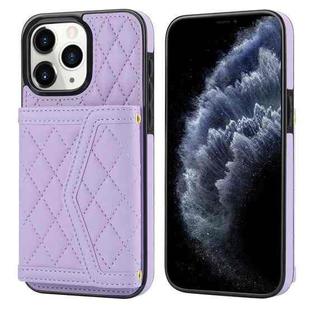 For iPhone 11 Pro Max Splicing Rhombic Texture Card Bag Phone Case with Long Lanyard(Purple)