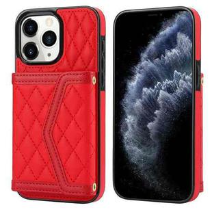 For iPhone 11 Pro Max Splicing Rhombic Texture Card Bag Phone Case with Long Lanyard(Red)