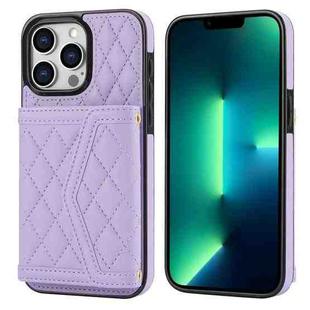 For iPhone 13 Pro Max Splicing Rhombic Texture Card Bag Phone Case with Long Lanyard(Purple)