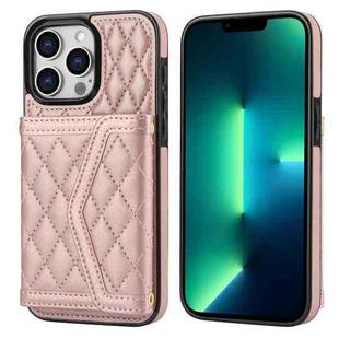 For iPhone 13 Pro Splicing Rhombic Texture Card Bag Phone Case with Long Lanyard(Rose Gold)