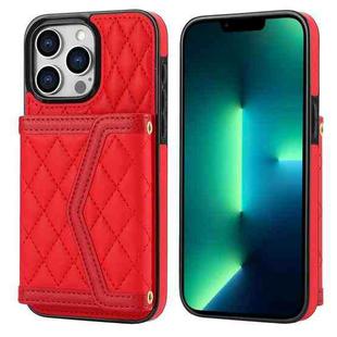 For iPhone 13 Pro Splicing Rhombic Texture Card Bag Phone Case with Long Lanyard(Red)