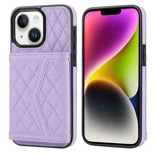 For iPhone 14 Plus / 15 Plus Splicing Rhombic Texture Card Bag Phone Case with Long Lanyard(Purple)